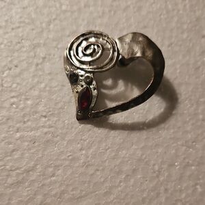 Silver  Tone Heart Ring with Red Marquise Stone